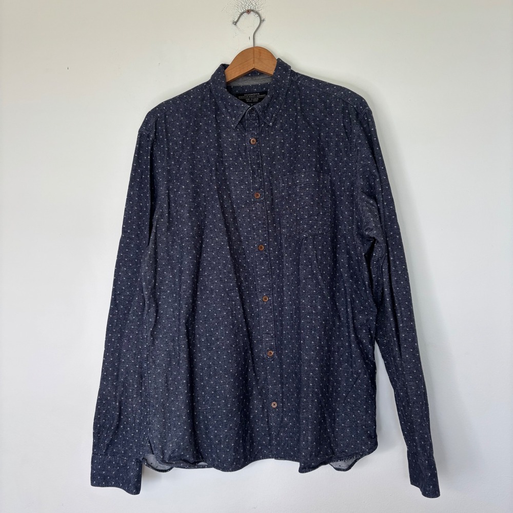 All Saints Polka Dot Blue Denim Button Down‎ Oxford Shirt Size XL